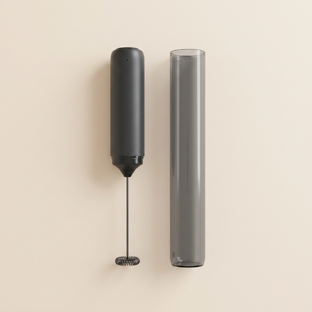 Pour Portable Froth beside its tube storage sleeve, showing the stainless steel spiral whisk