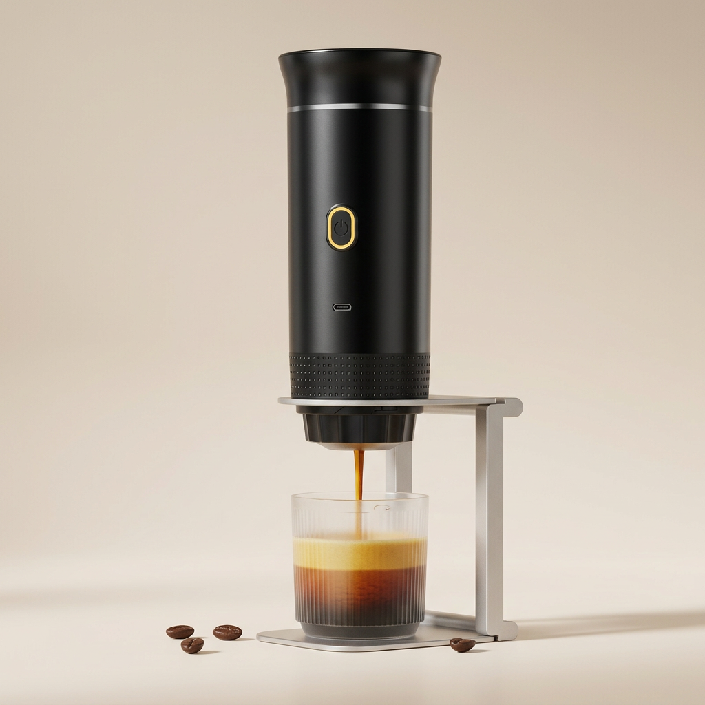 Pour Portable machine on its stand, pulling a shot of espresso with crema into a ribbed glass
