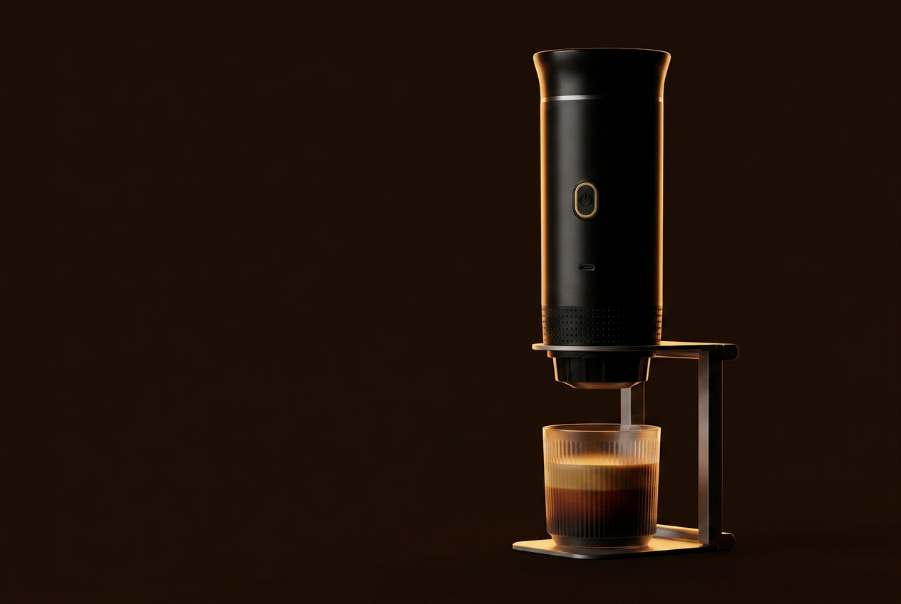 Pour Portable brewing in low light, lit by a single warm amber edge light